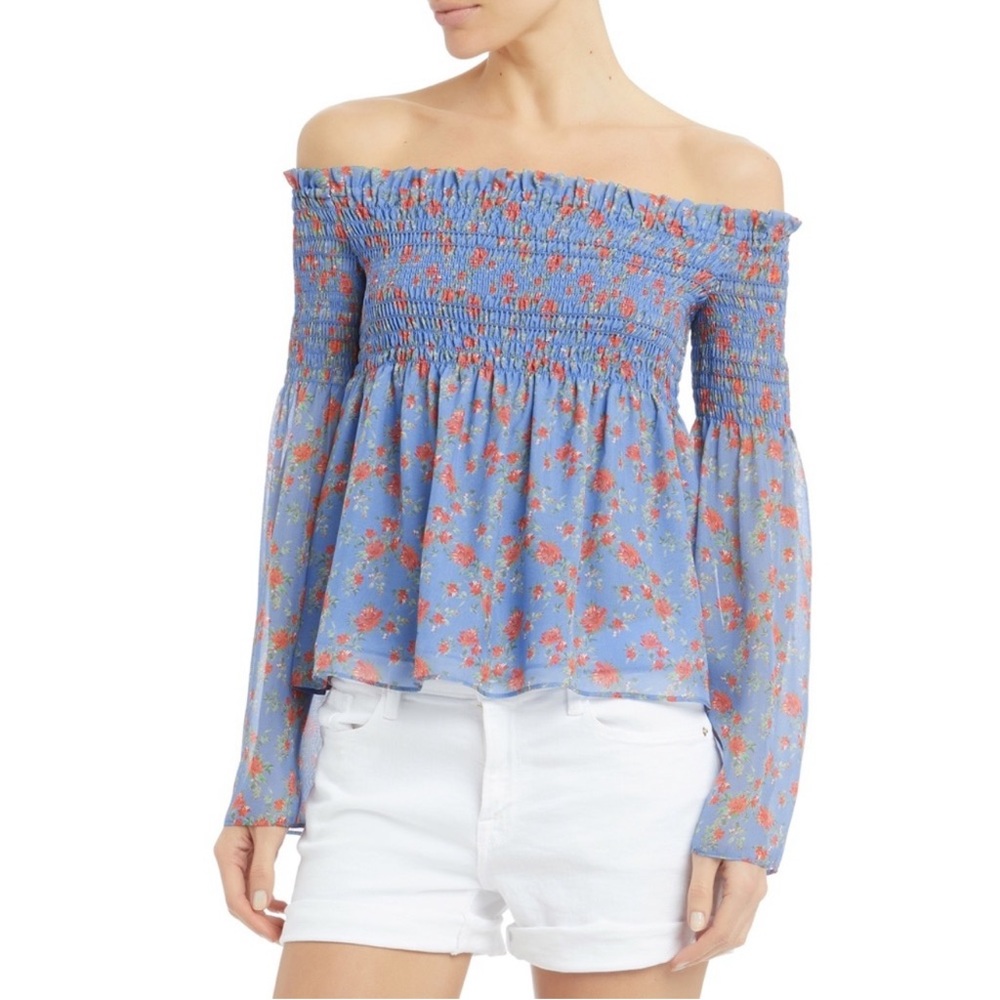 Intermix Kira Blue Floral Smocked Silk Off the Shoulder Top Size P (XS)